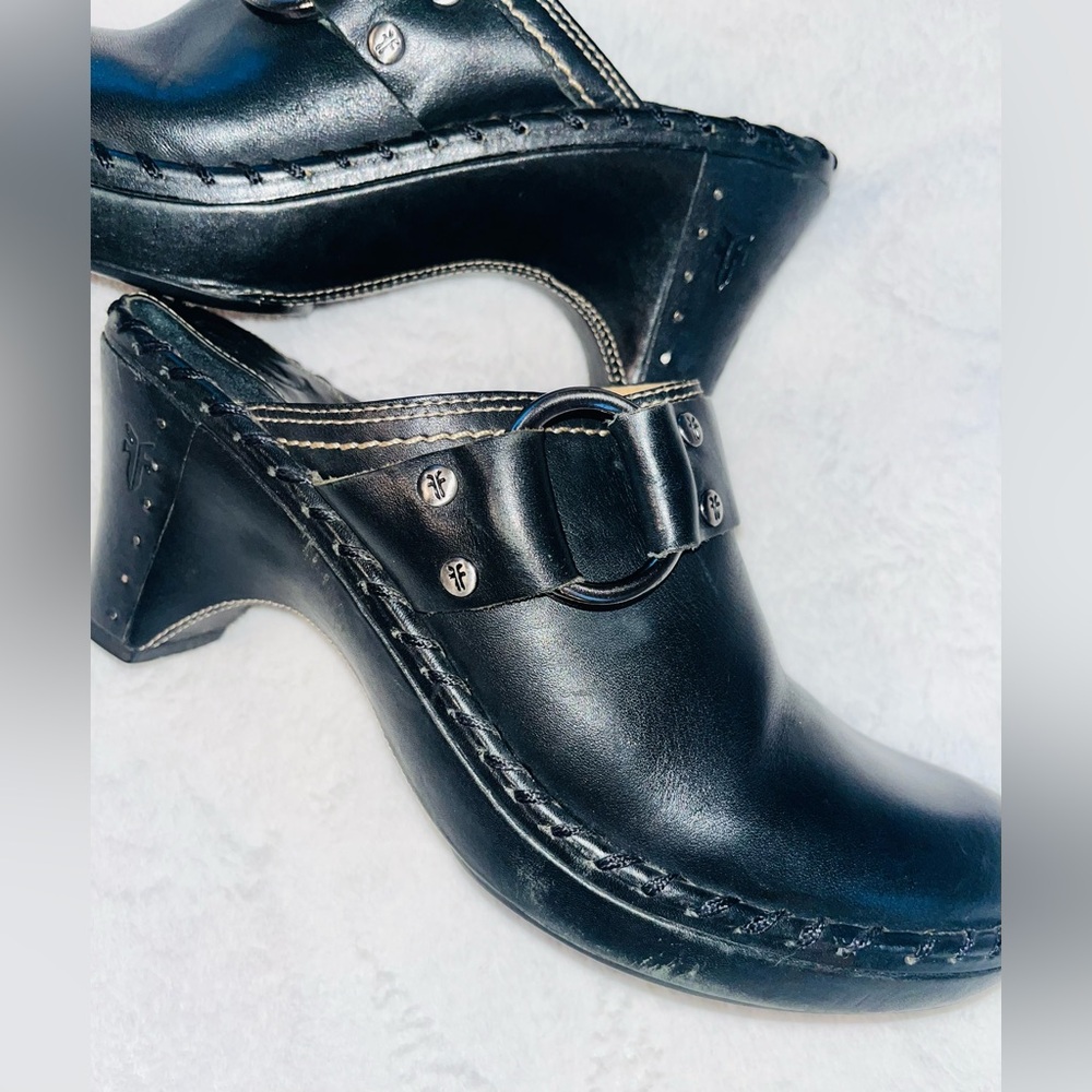 FRYE Charlotte Ring Mule Black Leather Clogs sz 8.5 - Picture 2 of 12